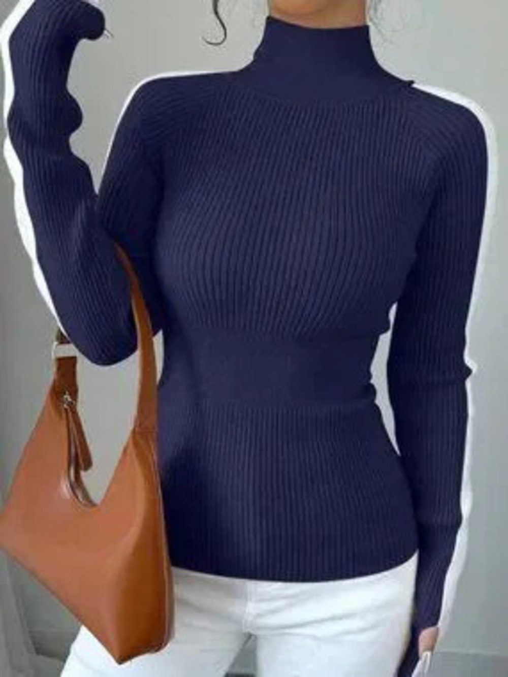 ZARA Blue Casual Women's Color Block Stand Collar Knit Sweater